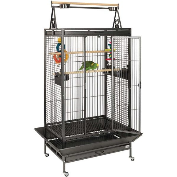 A cage with a useful play top section Has perches, feeding bowls, tray and more Large locks help your Parrot feel secure Suitable for African Grey, Conure, Cockatoo and more Standard Delivery Only (Monday – Friday, excluding Bank Holidays)